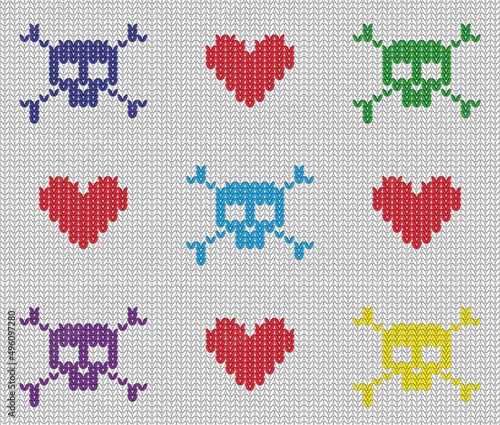 Seamless knitting pattern with repeat skulls and hearts