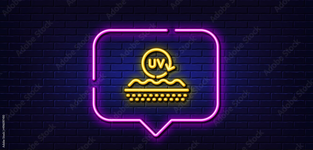Neon light speech bubble. Uv protection cream line icon. Skin care sign. Cosmetic lotion symbol. Neon light background. Uv protection glow line. Brick wall banner. Vector Neon light speech bubble. Uv protection cream line icon. Skin care sign. Cosmetic lotion symbol. Neon light background. Uv protection glow line. Brick wall banner. Vector
