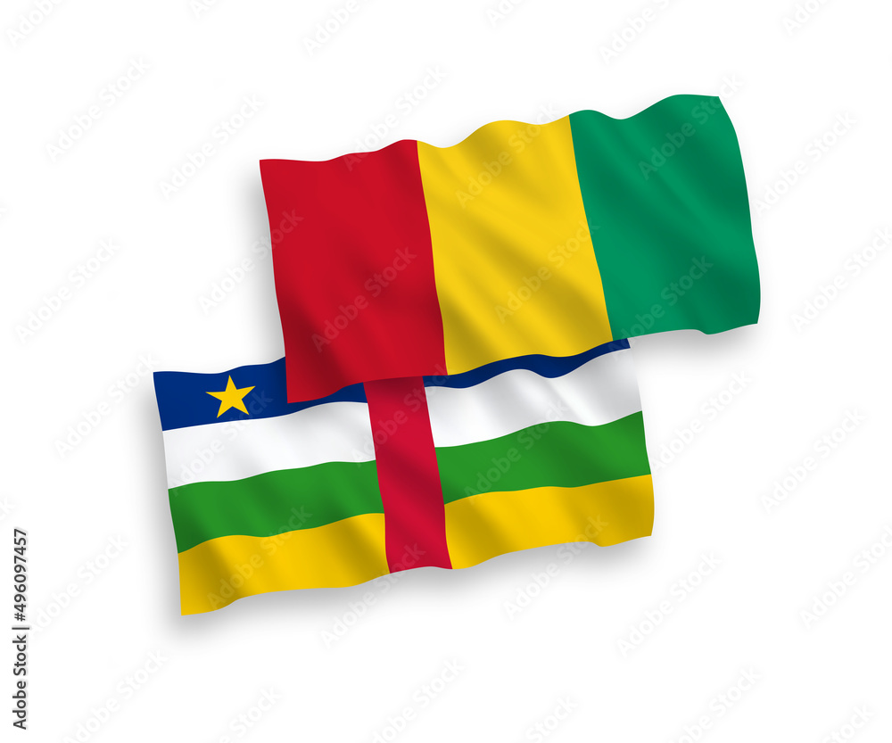 Obraz premium National vector fabric wave flags of Central African Republic and Guinea isolated on white background. 1 to 2 proportion.