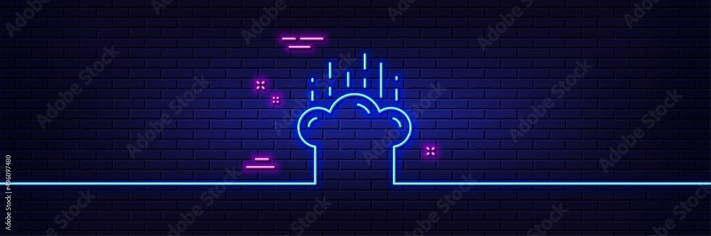 Neon light glow effect. Cooking hat line icon. Chef sign. Food preparation symbol. 3d line neon glow icon. Brick wall banner. Cooking hat outline. Vector Neon light glow effect. Cooking hat line icon. Chef sign. Food preparation symbol. 3d line neon glow icon. Brick wall banner. Cooking hat outline. Vector