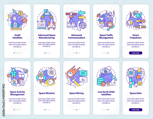Space exploration technologies onboarding mobile app screen set. Cosmos walkthrough 5 steps graphic instructions pages with linear concepts. UI, UX, GUI template. Myriad Pro-Bold, Regular fonts used