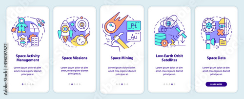 Trends in space technology onboarding mobile app screen. Cosmos activity walkthrough 5 steps graphic instructions pages with linear concepts. UI, UX, GUI template. Myriad Pro-Bold, Regular fonts used