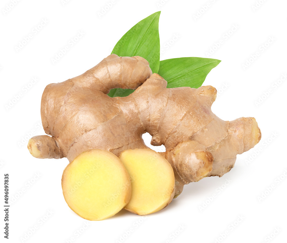 Fototapeta premium Close up, Fresh ginger root with slice and green leaves isolated on white background, old ginger