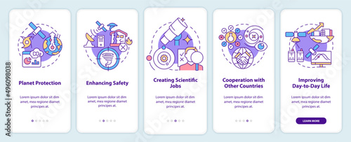 Benefits of space exploration onboarding mobile app screen. Advantages walkthrough 5 steps graphic instructions pages with linear concepts. UI, UX, GUI template. Myriad Pro-Bold, Regular fonts used