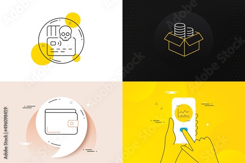 Minimal set of Money wallet, Money box and Cyber attack line icons. Phone screen, Quote banners. Trade infochart icons. For web development. Payment method, Accounting, Card hacking. Vector
