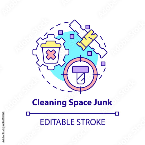 Cleaning space junk concept icon. Removing trash. Space technology abstract idea thin line illustration. Isolated outline drawing. Editable stroke. Arial, Myriad Pro-Bold fonts used