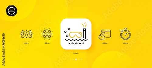 Winner star, Scuba diving and Laureate minimal line icons. Yellow abstract background. Fitness calendar, Timer icons. For web, application, printing. Best award, Trip swimming, Award shield. Vector