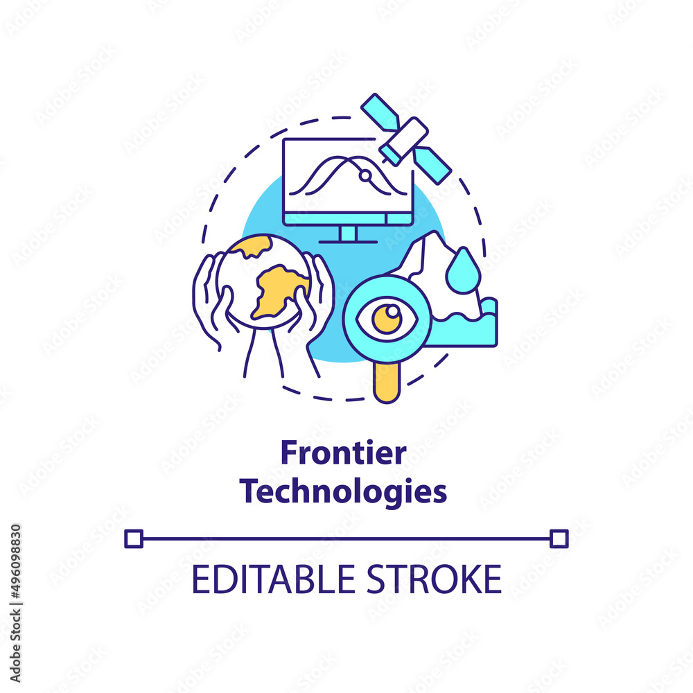 Frontier technology concept icon. Space exploration and climate change abstract idea thin line illustration. Isolated outline drawing. Editable stroke. Arial, Myriad Pro-Bold fonts used