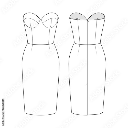 Fashion flat sketch bustier dress. Fashion technical drawing of dress 