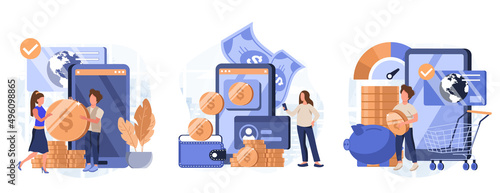 Financial illustration set. Characters paying online and receiving bonus money or reward back on credit card. Cashback, financial savings and money refund concept. Vector illustration.