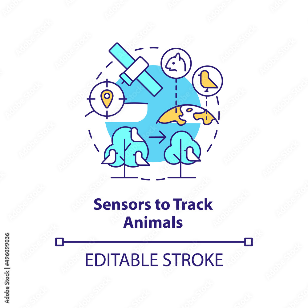 Sensors to track animals concept icon. Space technology and climate change abstract idea thin line illustration. Isolated outline drawing. Editable stroke. Arial, Myriad Pro-Bold fonts used