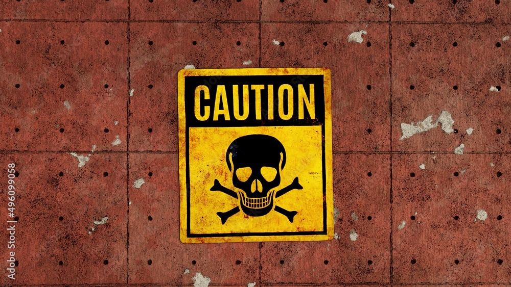 Caution skull and bones yellow metal sign on an old red concrete pealing wall Caution skull and bones yellow metal sign on an old red concrete pealing wall