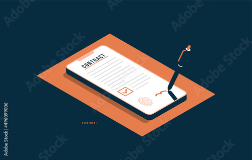 Digital signature and smart contract agreement concept, Isometric smartphone with pencil signing document. Successful completion of business tasks vector illustration