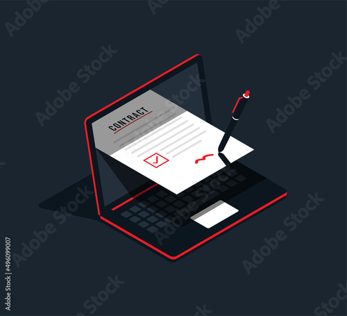 Digital signature and smart contract agreement concept, Isometric laptop  with pencil signing document. Successful completion of business tasks vector illustration