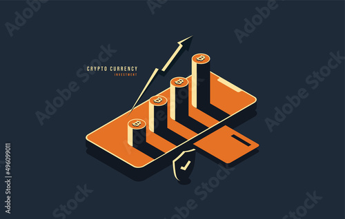 Minimal crypto currency isometric design, Block chain technology concept, Digtital advertising and marketing for future money investment