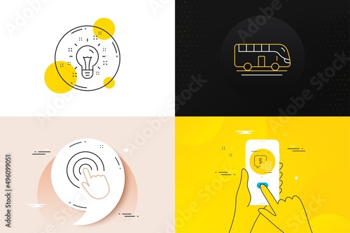 Minimal set of Bus tour, Coins and Click line icons. Phone screen, Quote banners. Idea icons. For web development. Transport, Money investment, Cursor pointer. Creativity. Bus tour line icon. Vector