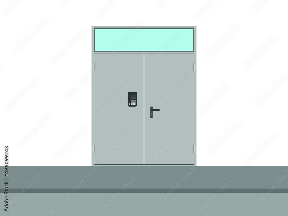Metal door with intercom and pavement on white background Metal door with intercom and pavement on white background