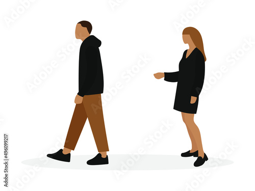 Male character walking away from female character on white background