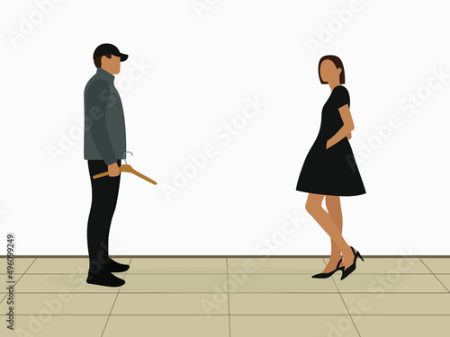 Male character with hanger in hand and female character in new dress indoors