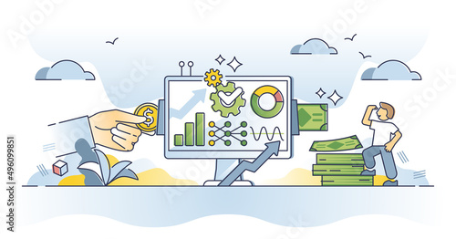 Robo advisors as automated financial investment management outline concept. Online artificial manager with AI technology and auto bank user suggestions for effective use of money vector illustration.