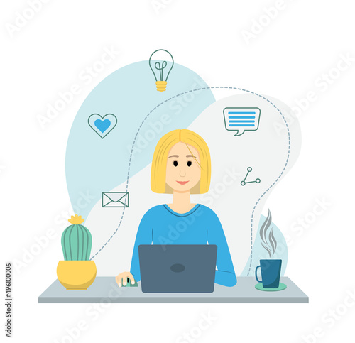 Business working woman with laptop. Home office concept. Flat, vector