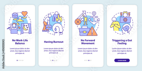 Toxic work environment signs onboarding mobile app screen. Walkthrough 4 steps graphic instructions pages with linear concepts. UI, UX, GUI template. Myriad Pro-Bold, Regular fonts used