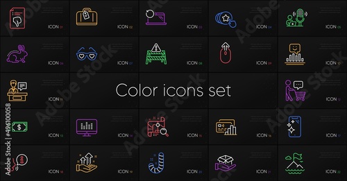 Set of Swipe up, Card and Search map line icons. Include Exhibitors, Thumb down, Animal tested icons. Recovery laptop, Love glasses, Buyer think web elements. Warning road. Vector