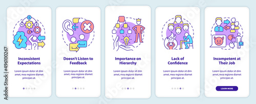 Toxic leader traits onboarding mobile app screen. Abusive relationships walkthrough 5 steps graphic instructions pages with linear concepts. UI, UX, GUI template. Myriad Pro-Bold, Regular fonts used