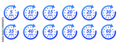 10, 15, 20, 25, 30, 35, 40, 45, 50, 55, 60 min. Timer, clock, stopwatch isolated set icons. Vector logo