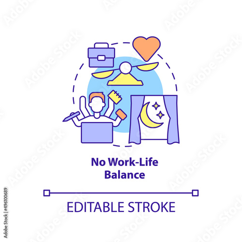 No work life balance concept icon. Overworking. Sign of toxic workplace abstract idea thin line illustration. Isolated outline drawing. Editable stroke. Arial, Myriad Pro-Bold fonts used