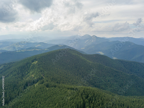 Green mountains of Ukrainian Carpathians in summer. Aerial drone view. © Sergey