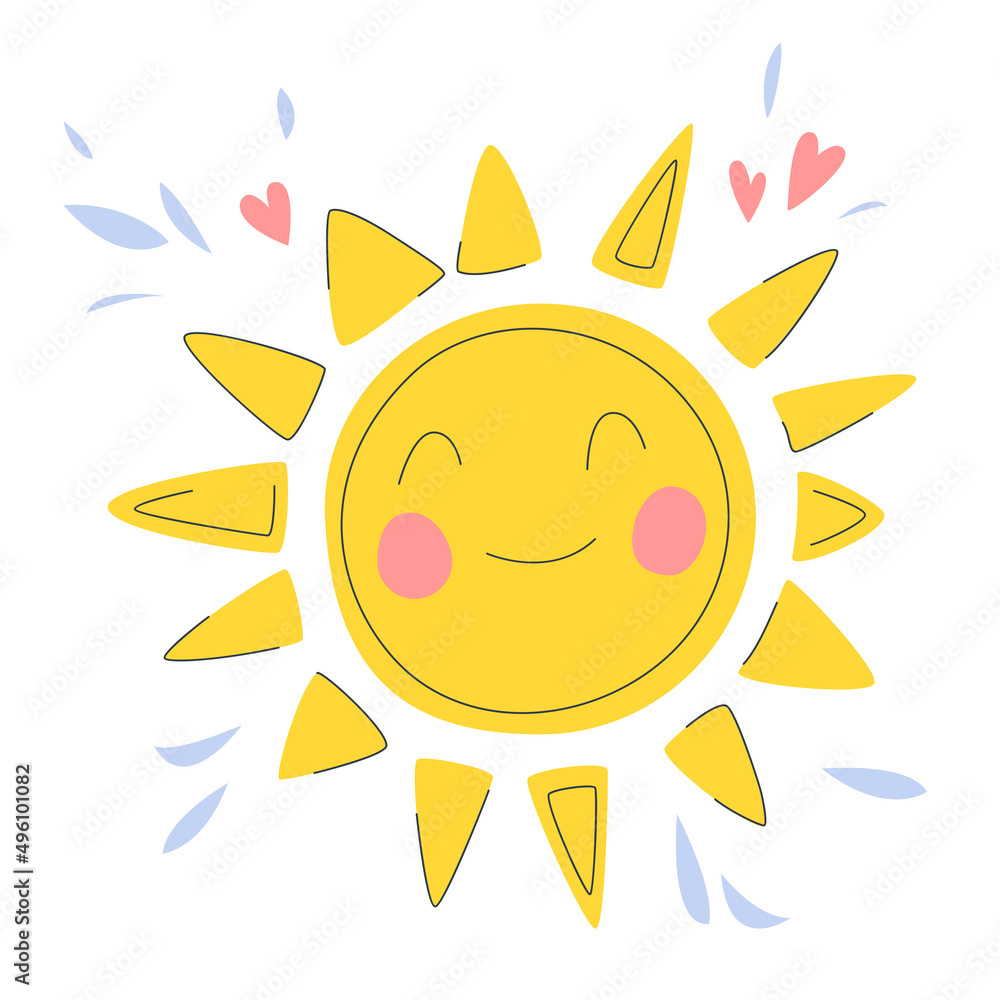 Spring smiling Sun. Spring concept. Cute illustration of the Sun. Vector illustration in a flat style. Spring concept.