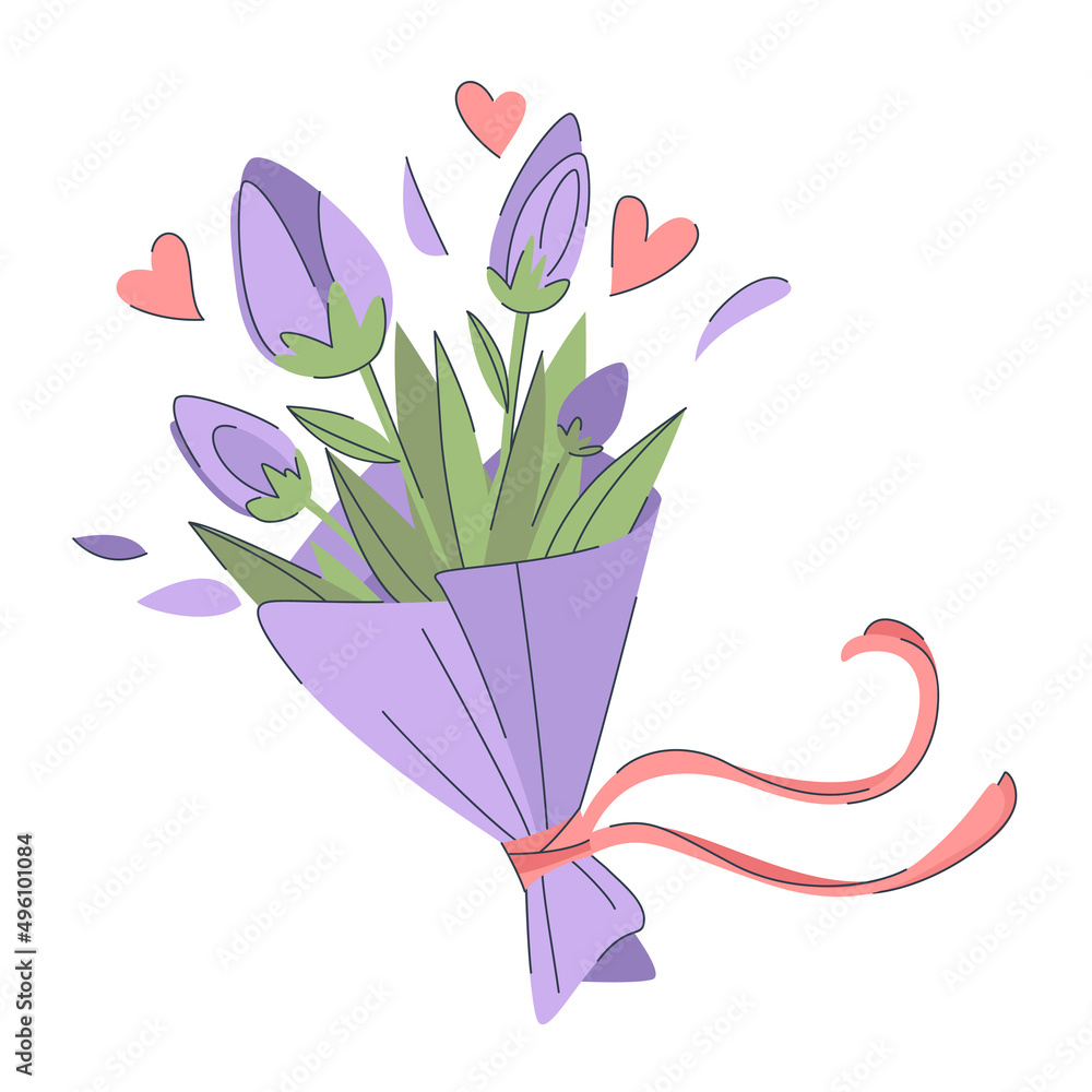 Cute bouquet of flowers with leaves and hearts in pastel colors. Spring purple tulips and branches in beautiful purple bouquet. Flower present. Spring concept. Cute bouquet of flowers with leaves and hearts in pastel colors. Spring purple tulips and branches in beautiful purple bouquet. Flower present. Spring concept.