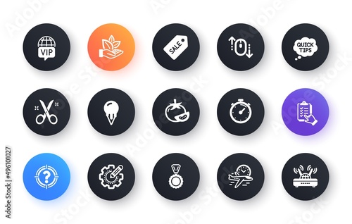Minimal set of Timer, Headhunter and Quick tips flat icons for web development. Tomato, Vip internet, Scroll down icons. Settings gear, Scissors, Sale ticket web elements. Ice cream. Vector