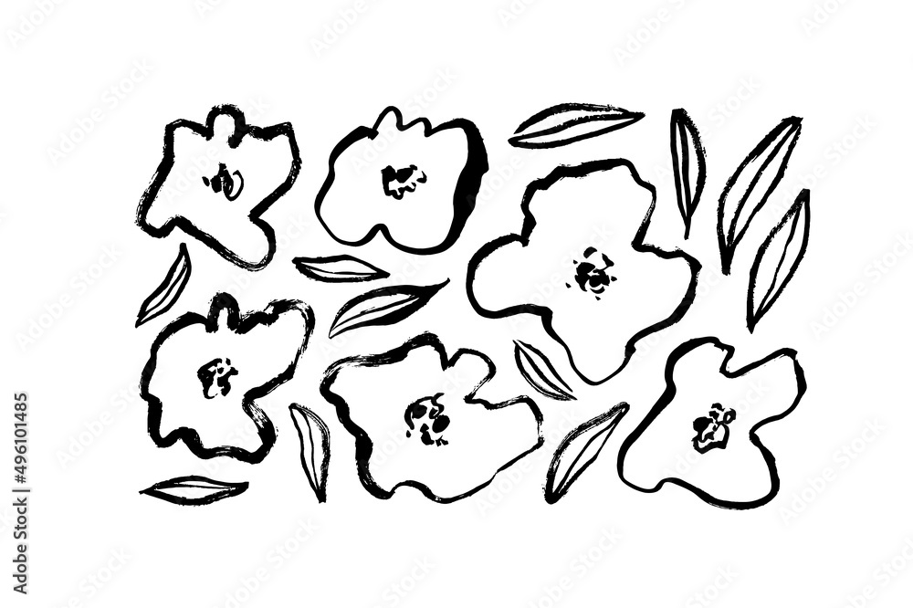 Black ink drawing flowers, monochrome artistic botanical illustration isolated on white background. Hand drawn floral vector elements with leaves. Tiny brush strokes. Chamomile and daisy cliparts. 