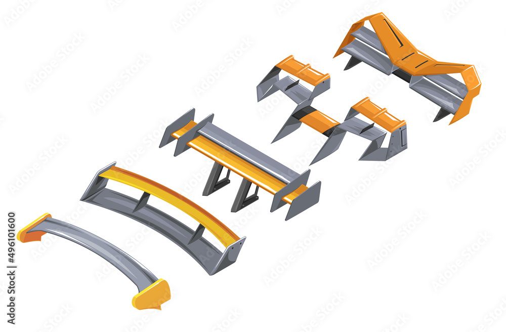 Vetor de Spoiler for the car. Set of sports spoilers for racing car. Spoiler in isometrics of