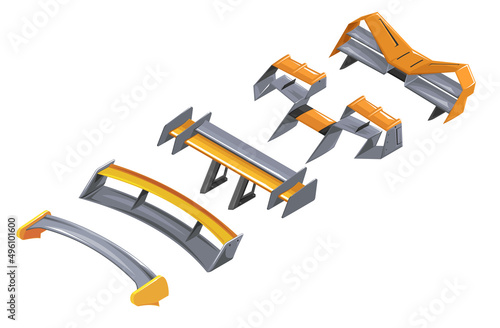 Spoiler for the car. Set of sports spoilers for racing car. Spoiler in isometrics of different modifications. 3d icon of cartoon style spoilers. Clipart of different spoilers. Racing inventory game