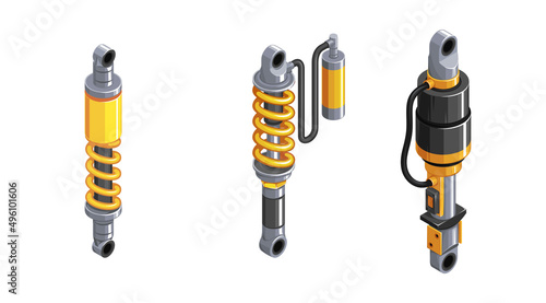 Shock absorber for the car. Racing shock absorber in isometrics. 3d icon of a shock absorber. Set of shock absorber cliparts on white background. Shock absorbers of different modifications. Vector 