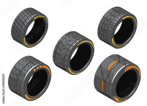 Auto tire in isometry. Set of car tires with different treads. Different 3d auto tire. Auto tire icons on white background. Tire clipart with different tread pattern. EPS 10 vector illustration