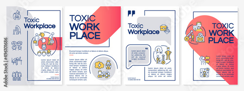 Toxic workplace red and grey brochure template. Unhealthy environment. Leaflet design with linear icons. 4 vector layouts for presentation, annual reports. Questrial, Lato-Regular fonts used