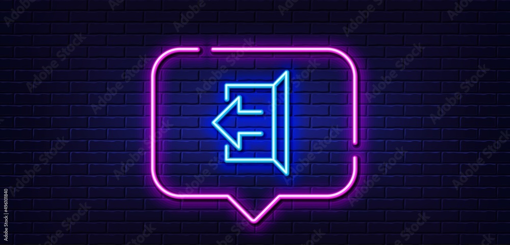 Neon light speech bubble. Logout arrow line icon. Sign out symbol. Navigation pointer. Neon light background. Sign out glow line. Brick wall banner. Vector