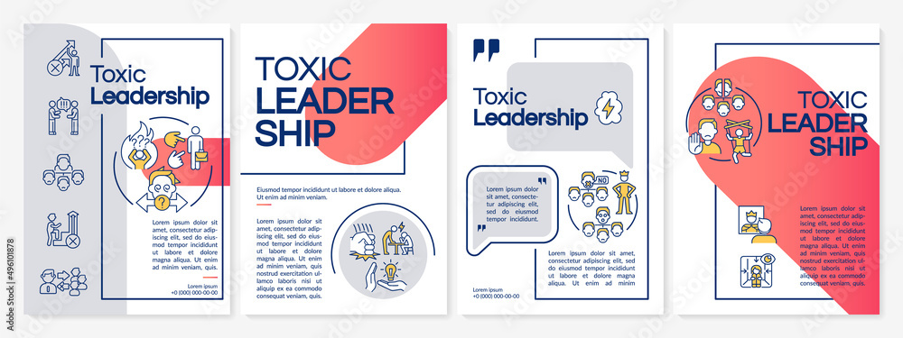 Naklejka premium Toxic leadership red and grey brochure template. Abusive and hostile ceo. Leaflet design with linear icons. 4 vector layouts for presentation, annual reports. Questrial, Lato-Regular fonts used