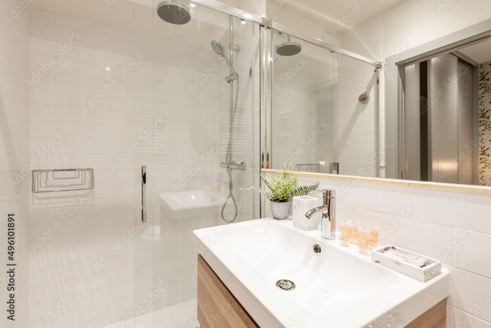 custom made wallpaper toronto digitalBathroom with porcelain washbasin suspended on wooden furniture, integrated wall-to-wall mirror, chrome accessories, shower cabin with sliding glass screen