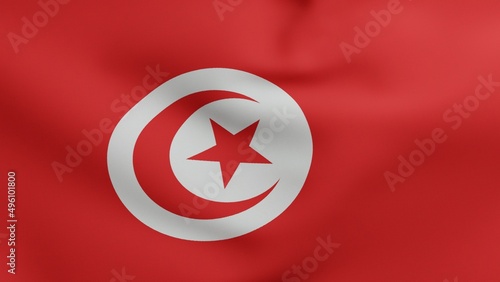 National flag of Tunisia waving 3D Render, Republic of Tunisia flag textile designed by Al Husayn II ibn Mahmud, coat of arms Tunisia independence day photo