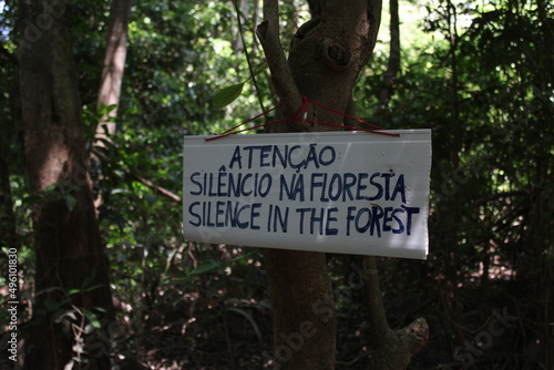 Placa em uma trilha na Floresta Amazônica/Sign on a trail in the Amazon Rainforest photo