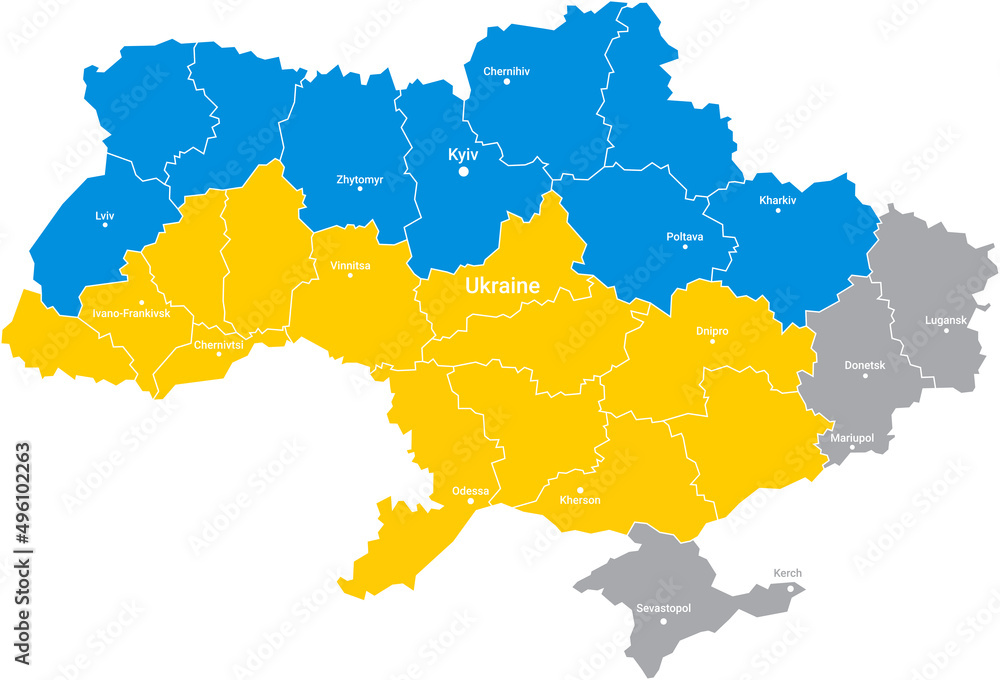 Geographical map of Ukraine with the borders of its constituent regions and the names of the main cities, a vector with the possibility of repainting each region Geographical map of Ukraine with the borders of its constituent regions and the names of the main cities, a vector with the possibility of repainting each region