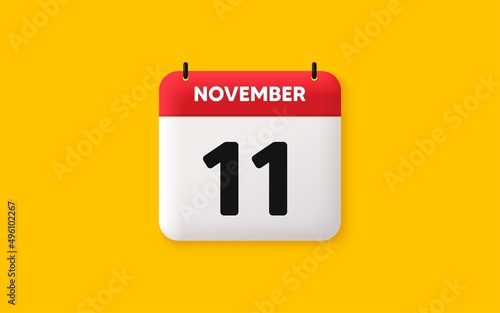 Calendar date 3d icon. 11th day of the month icon. Event schedule date. Meeting appointment time. Agenda plan, November month schedule 3d calendar and Time planner. 11th day day reminder. Vector