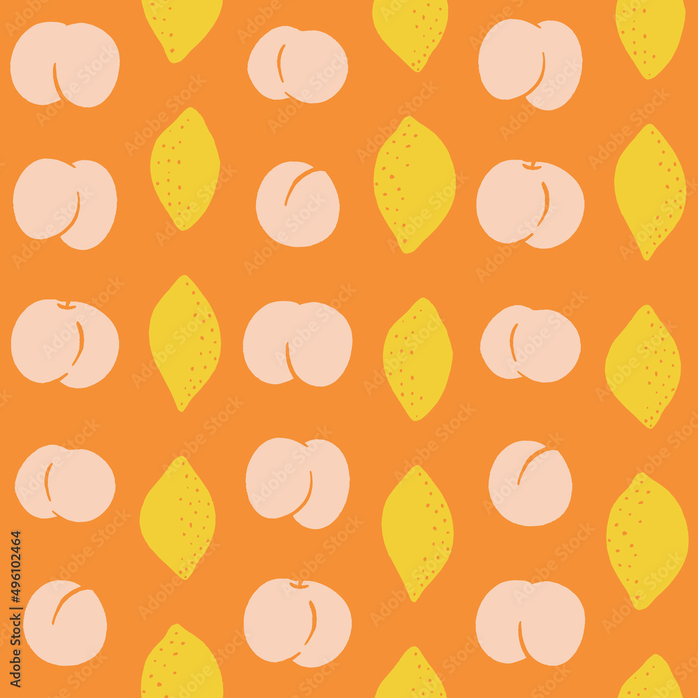 Orange peaches and lemons seamless pattern print. Geometric spring summer vector illustration. Great for kids and home decor projects. Surface pattern design by Claudia Orengo from heartmade.es Orange peaches and lemons seamless pattern print. Geometric spring summer vector illustration. Great for kids and home decor projects. Surface pattern design by Claudia Orengo from heartmade.es