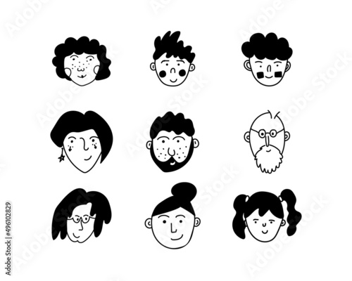 Set of people avatars in doodle style. 9 portraits of boys, men, girls, women, transgender people. Different ages. stickers for design, messengers and social networks. Vector illustration, hand drawn