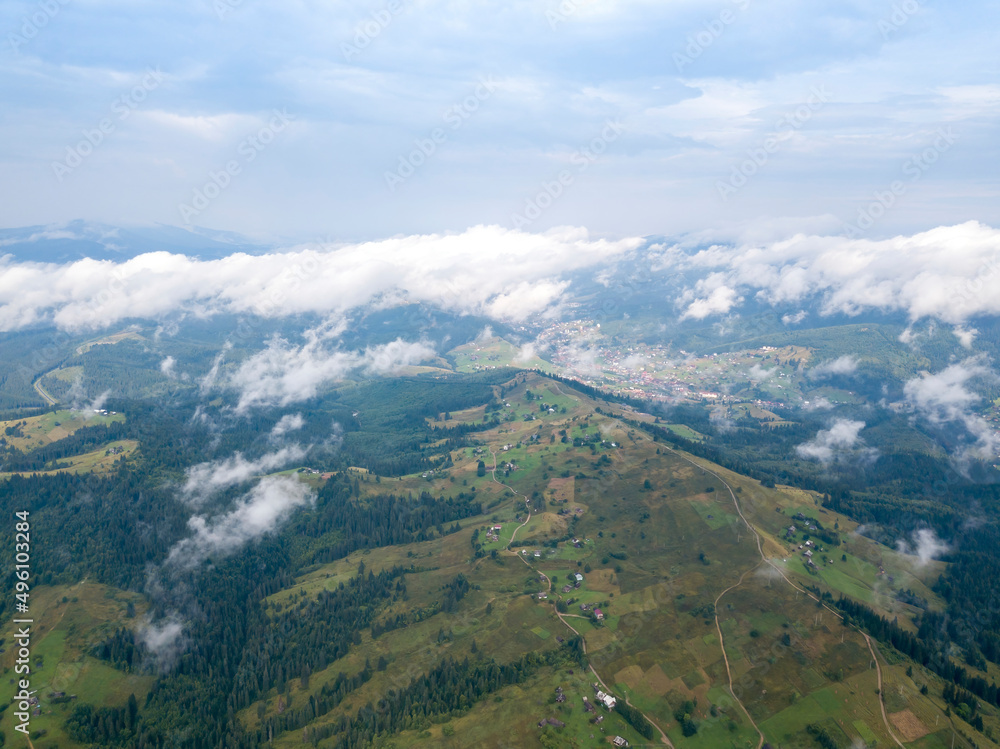 Fototapeta premium High flight in the mountains of the Ukrainian Carpathians. Aerial drone view.